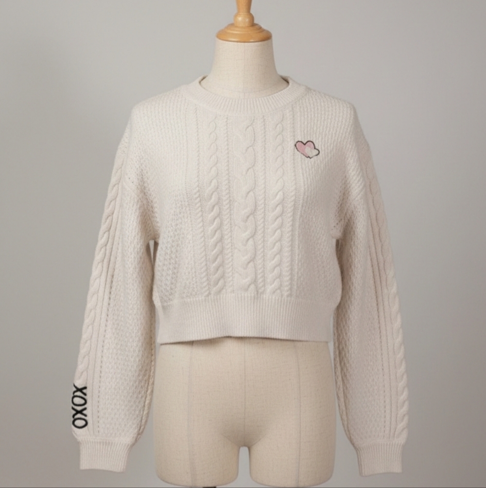 BP Women's Cream Cable Knit Sweater with Heart and XOXO Detail